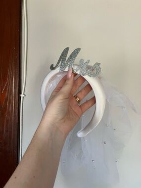 Mrs. Glitter Headband with Veil - White & Silver